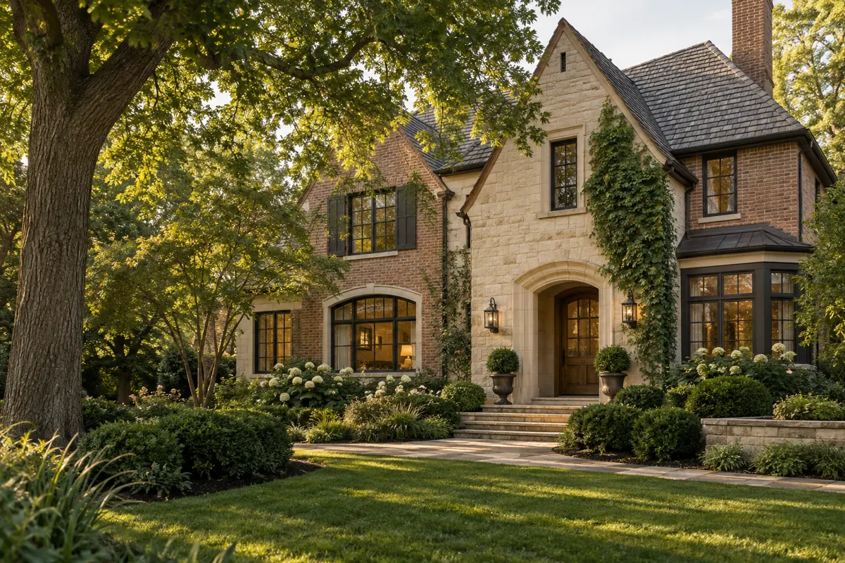 Illustrative stone and brick home surrounded by mature trees
