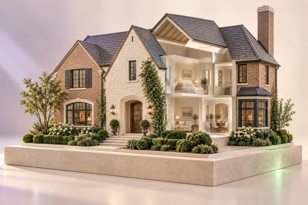 Illustrative architectural model of the same home, opened to reveal its rooms in pearl and lavender light